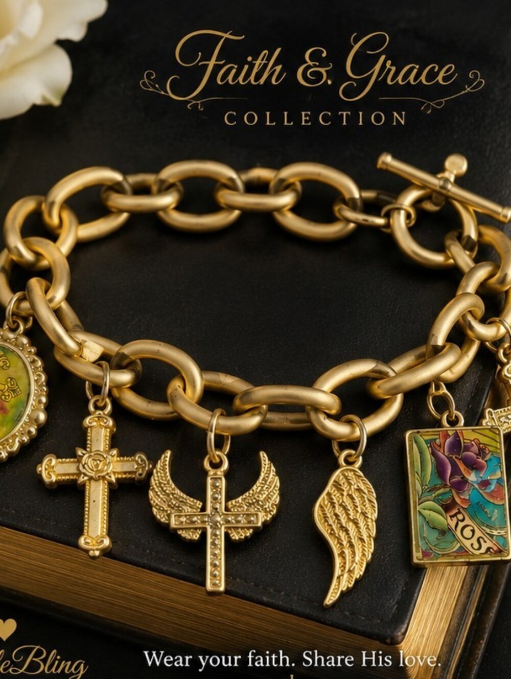 Vintage Gold Tone Faith Charm Bracelet Cross Angel Wing Toggle Christian Jewelry